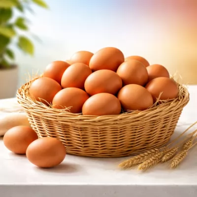 Ilustrasi tumpukan telur ayam cokelat segar kaya nutrisi untuk kesehatan manusia.