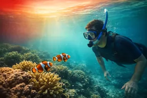 Keindahan bawah laut Pulau Pahawang Lampung dengan ikan badut dan terumbu karang.